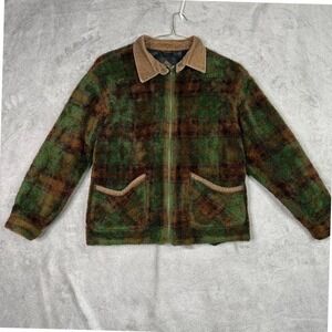 Vintage Plaid Fleece Jacket Corduroy Collar Zip Up Green Brown Mens Medium